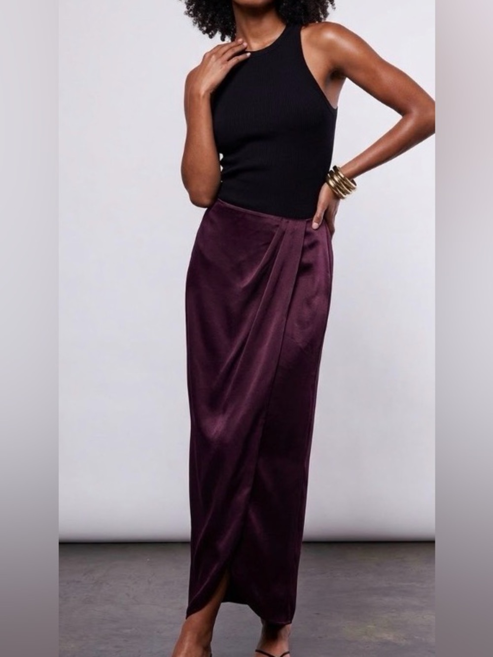WeWoreWhat Draped Front Silk Like Satin Midaxi Skirt/Muted Eggplant: Size M